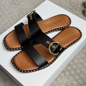 Coach and Four Black Sandals with Gold Buckle, size 8.5